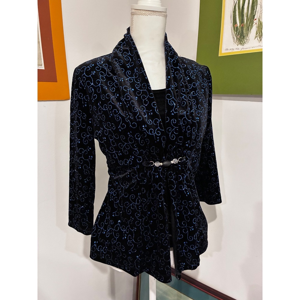 Y2K Womens Black Velvet Blue Glitter Swirl Toggle Cardigan Jacket Small